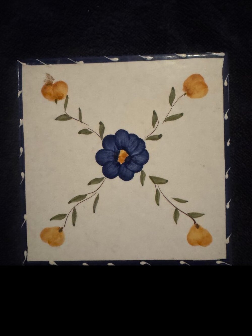 Hand-Painted Ceramic Art Tile 8x8", Navy Blue Flower & Fruit Vine Design
